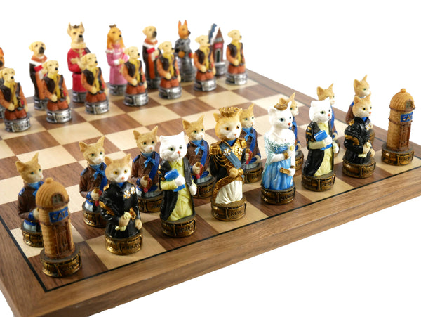 Little Shop of Magic Chess Set - Cats & Dogs Resin Men on Walnut Maple Board — Board Game