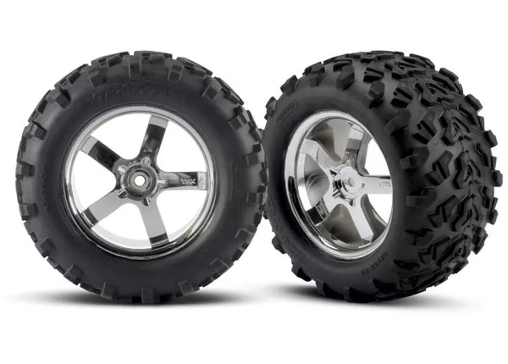 PowerHobby Traxxas 4973R 2pc Pre-Mounted 3.8" Tire w/Chrome Hurricane Wheels: T-Maxx