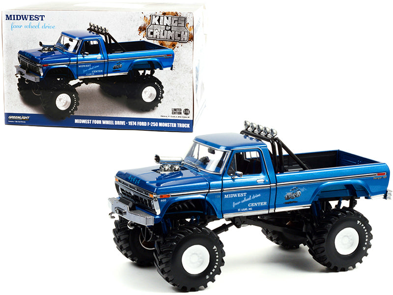 1974 Ford F-250 Ranger XLT Monster Truck with 48-Inch Tires Blue Metallic "Midwest Four Wheel Drive Center" "Kings of Crunch" Series 1/18 Diecast Model Car by Greenlight