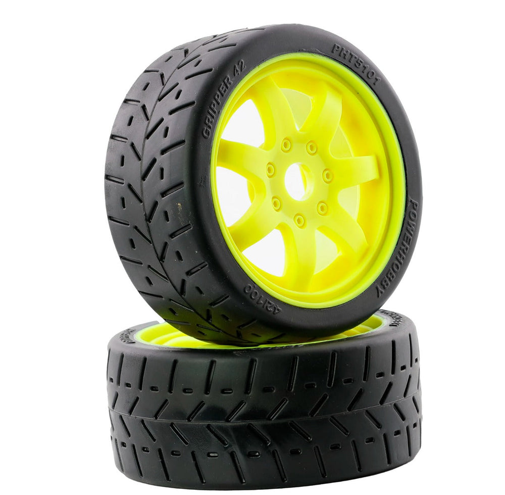 Powerhobby 1/8 Gripper 42/100 Belted Mounted Tires 17mm Bright Yellow
