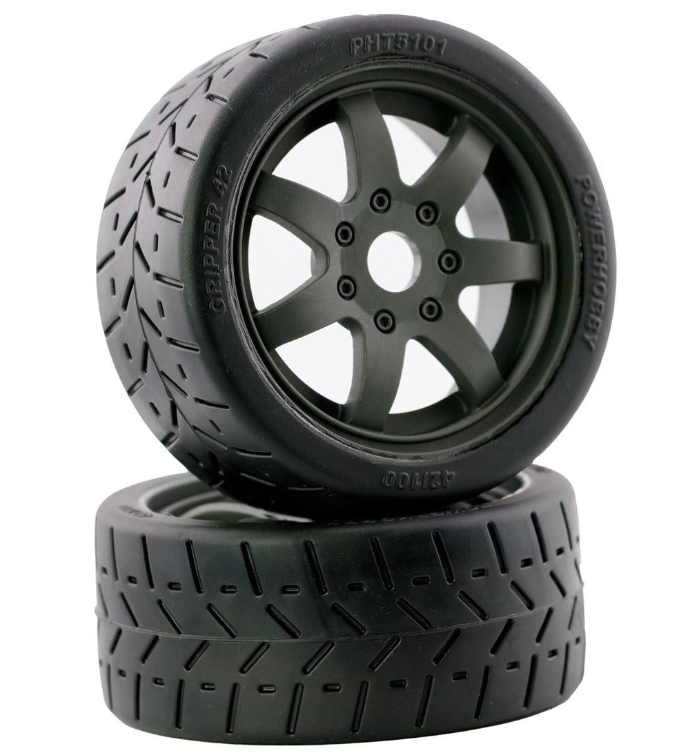 Powerhobby 1/8 Gripper 42/100 Belted Mounted Tires 17mm Grey Wheels