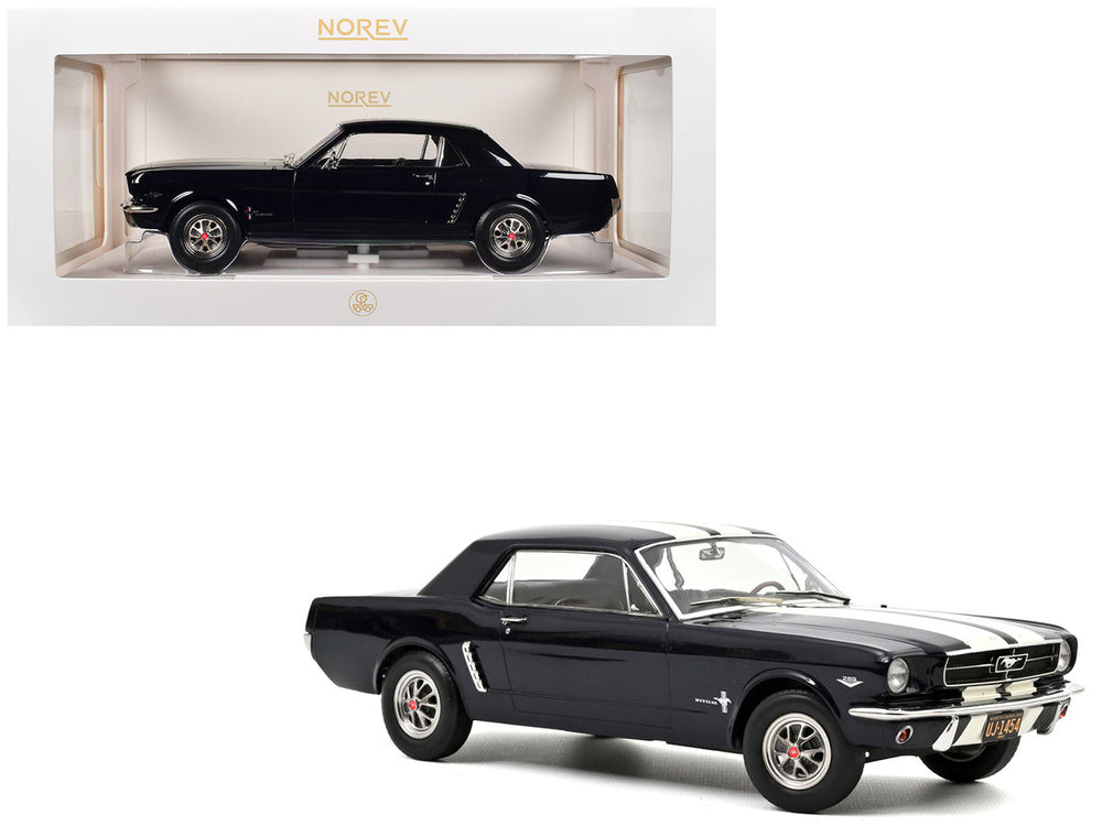 Norev - 1965 Ford Mustang Hardtop Coupe Nightmist Blue Metallic with White Stripes 1/18 Diecast Model Car by Norev