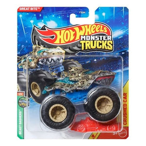 Hot Wheels Monster Trucks 1:64 Scale Vehicle 2026 - Select Vehicle(s) (5393) featuring a Great Bite truck with large tires and a shark-themed design, perfect for collectors and enthusiasts.