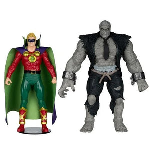 Two action figures, one in a colorful costume and the other in a gray, rugged outfit, on a white background.