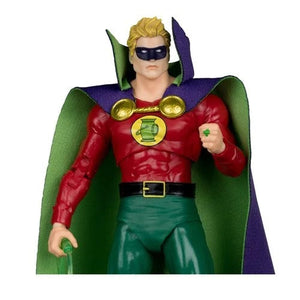 Superhero action figure with red suit, green cape, and purple accents on a white background