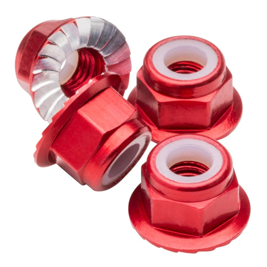 1UP Racing M4 Flanged & Serrated Aluminum Locknuts, Red, 4pcs — Hardware and Tools