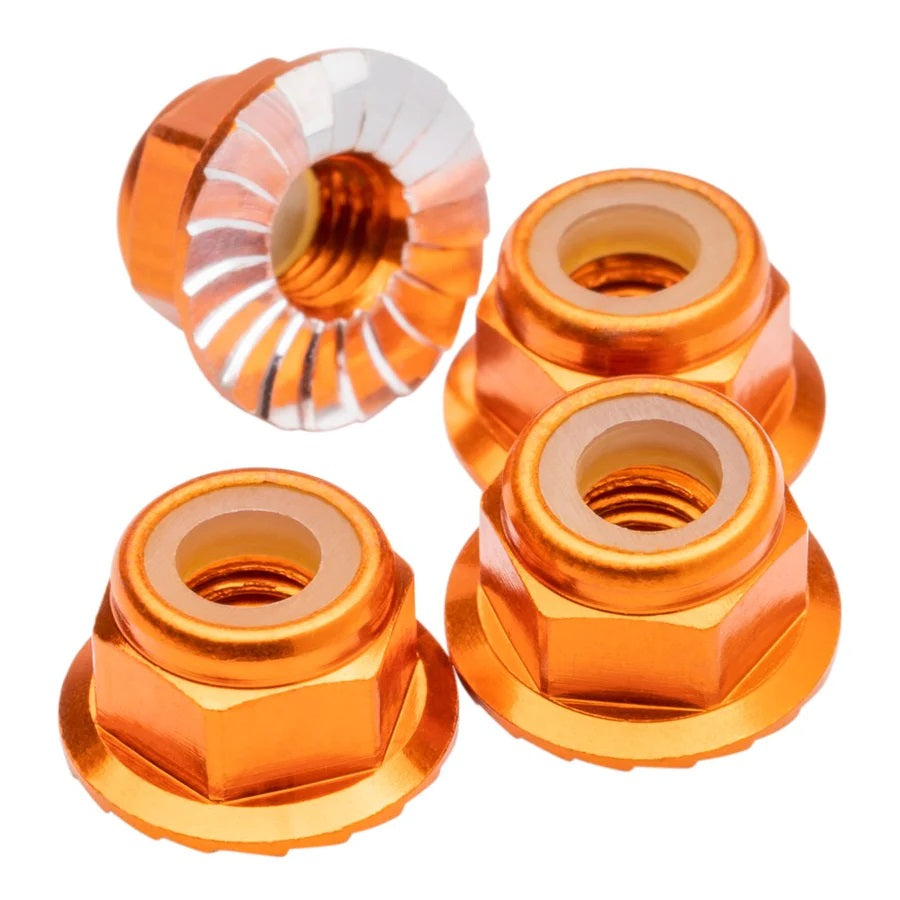 1UP Racing M4 Flanged & Serrated Aluminum Locknuts, Orange, 4pcs — Hardware and Tools