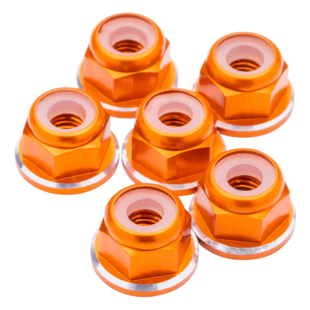 1UP Racing 7075 Aluminum M3 Flanged Locknuts - Orange Shine - 6pcs — Hardware and Tools