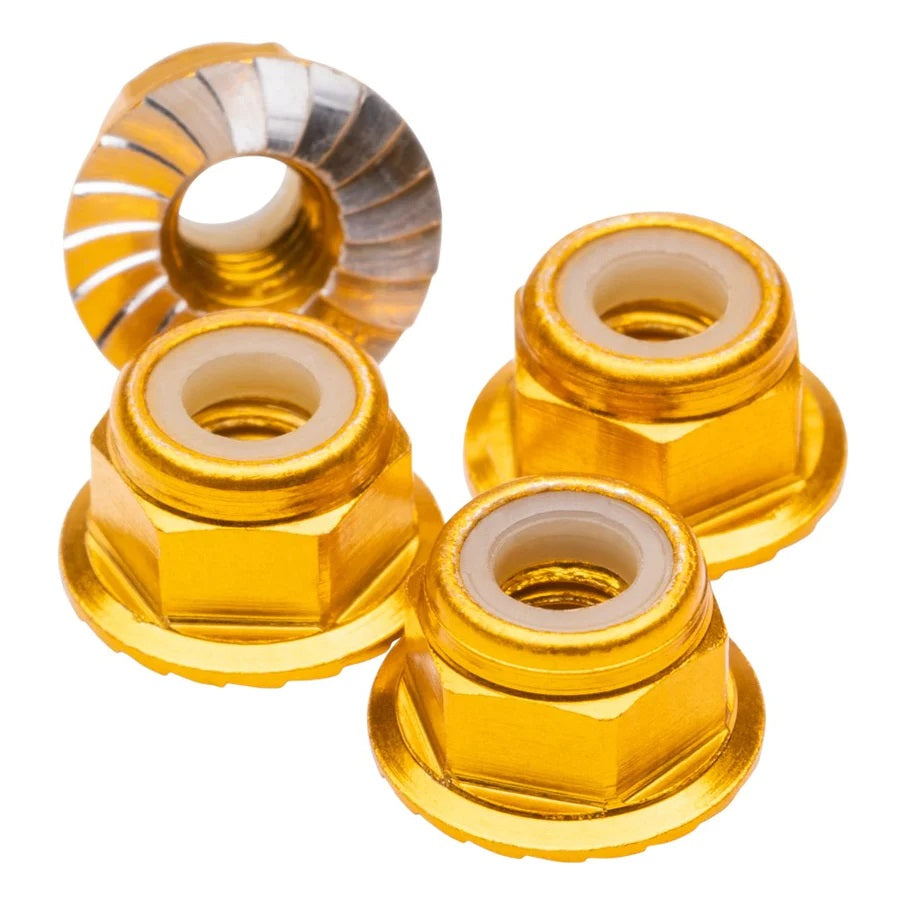 1UP Racing M4 Flanged & Serrated Aluminum Locknuts, Gold, 4pcs — Hardware and Tools