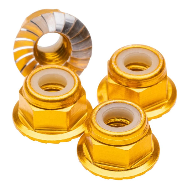 M4 Flanged & Serrated Aluminum Locknuts, Gold, 4pcs - Echo Six Hobbies