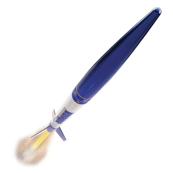 Model rocket with blue and white design on a white background