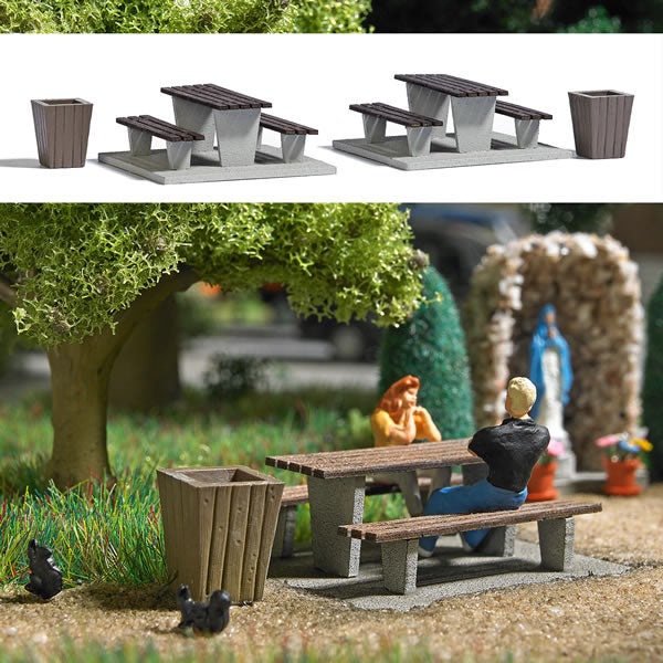Black Forest® Hobby Supply Co Busch 7729 HO Scale Picnic Area -- 2 Concrete Tables w/Benches, 2 Garbage Cans — HO Scale