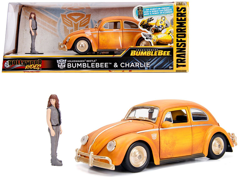 Volkswagen Beetle Weathered Yellow with Robot on Chassis and Charlie Diecast Figurine "Bumblebee" (2018) Movie
