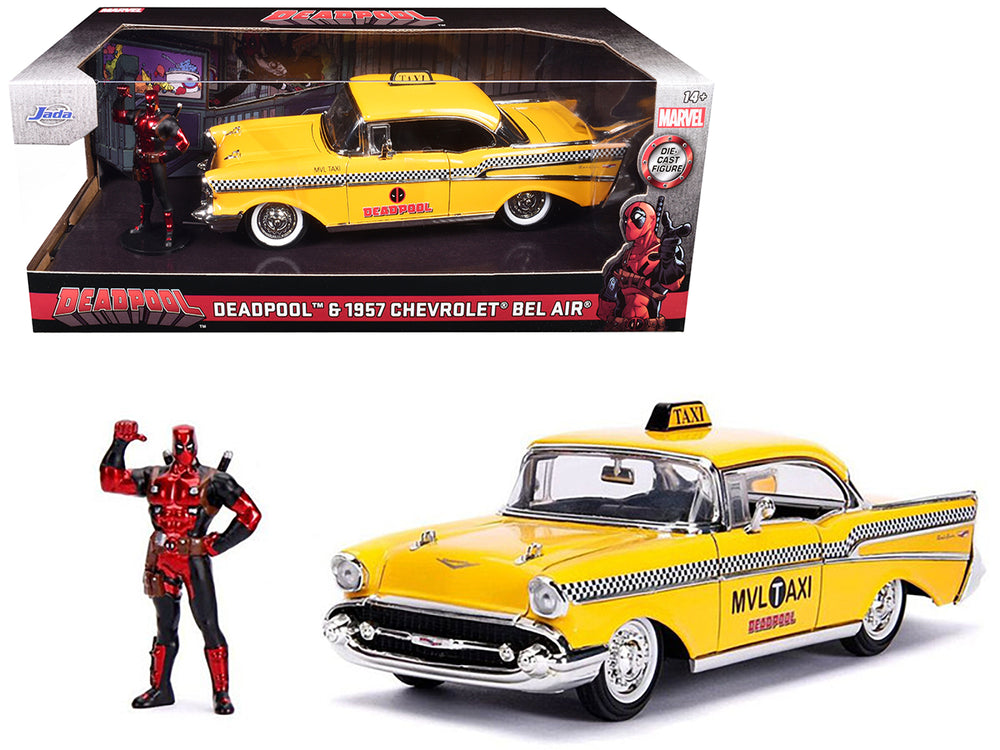 1957 Chevrolet Bel Air Taxi Yellow with Deadpool Diecast Figurine "Marvel" Series 1/24 Diecast Model Car by Jada — physical