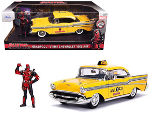 1957 Chevrolet Bel Air Taxi Yellow with Deadpool Diecast Figurine "Marvel" Series 1/24 Diecast Model Car by Jada — physical