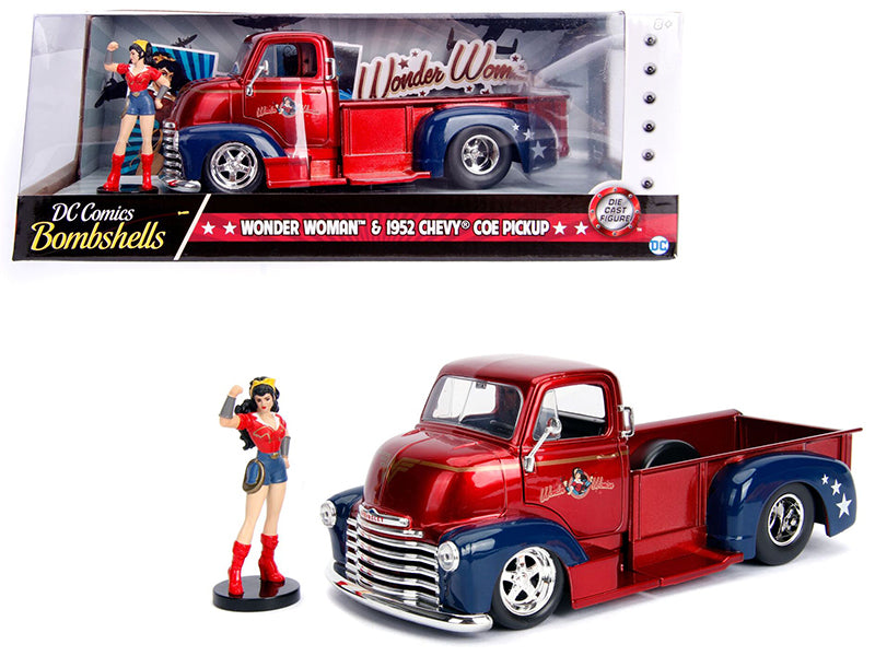 1952 Chevrolet COE Pickup Truck Candy Red and Blue with Wonder Woman Diecast Figure "DC Comics Bombshells" Series "Hollywood