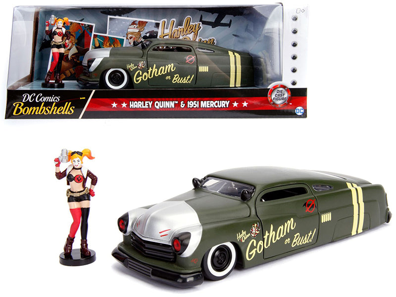 1951 Mercury Matt Green with Harley Quinn Diecast Figurine "DC Comics Bombshells" Series 1/24 Diecast Model Car by Jada —