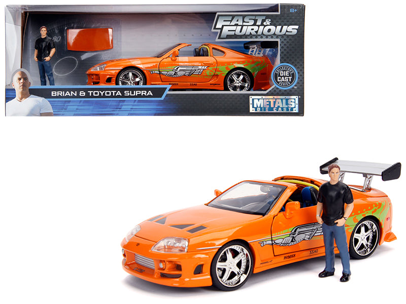 Toyota Supra Orange Metallic with Brian Diecast Figurine "Fast & Furious" Movie 1/24 Diecast Model Car by Jada — physical