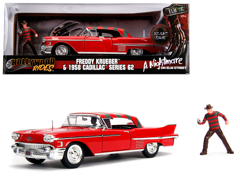 1958 Cadillac Series 62 Red with Freddy Krueger Diecast Figurine "A Nightmare on Elm Street" Movie 1/24 Diecast Model Car by
