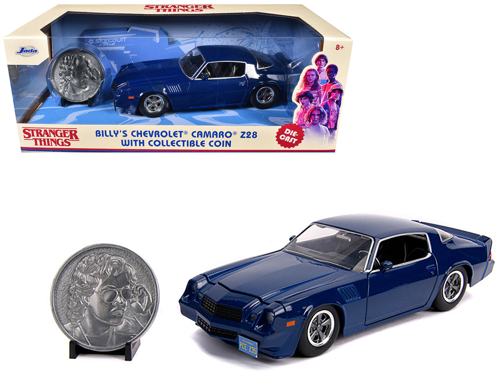 Billy's Chevrolet Camaro Z28 Dark Blue with Collectible Coin "Stranger Things" (2016) TV Series 1/24 Diecast Model Car by