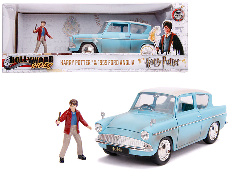 1959 Ford Anglia Light Blue (Weathered) with Harry Potter Diecast Figurine 1/24 Diecast Model Car by Jada — physical