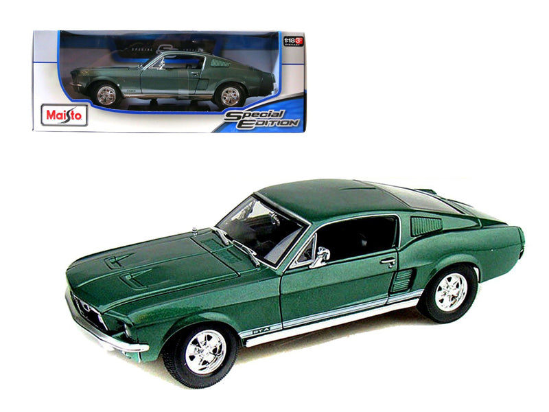 1967 Ford Mustang GTA Fastback Green Metallic with White Stripes 1/18 Diecast Model Car by Maisto — physical