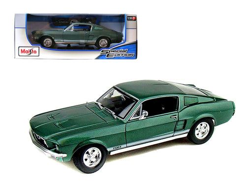 1967 Ford Mustang GTA Fastback Green Metallic with White Stripes 1/18 Diecast Model Car by Maisto — physical