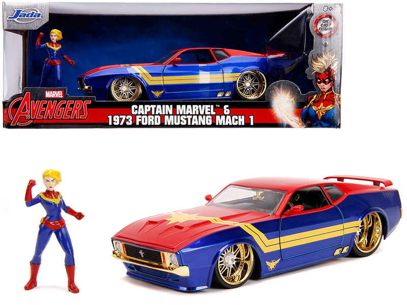 1973 Ford Mustang Mach 1 with Captain Marvel Diecast Figurine "Avengers" "Marvel" Series 1/24 Diecast Model Car by Jada —