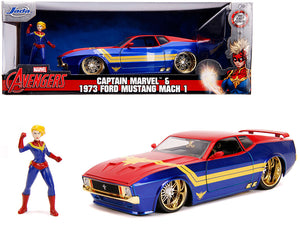 1973 Ford Mustang Mach 1 with Captain Marvel Diecast Figurine "Avengers" "Marvel" Series 1/24 Diecast Model Car by Jada —