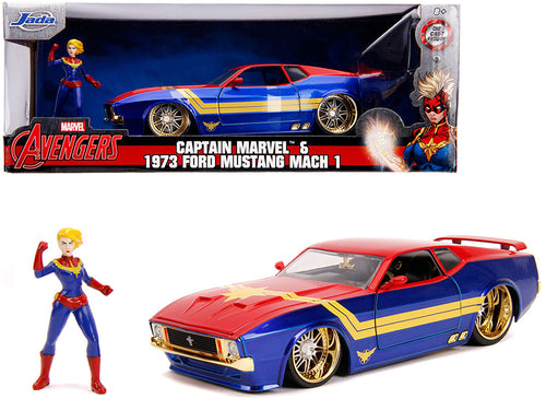 1973 Ford Mustang Mach 1 with Captain Marvel Diecast Figurine "Avengers" "Marvel" Series 1/24 Diecast Model Car by Jada —
