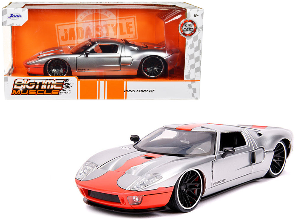 2005 Ford GT Silver with Orange Stripe "Bigtime Muscle" 1/24 Diecast Model Car by Jada — physical