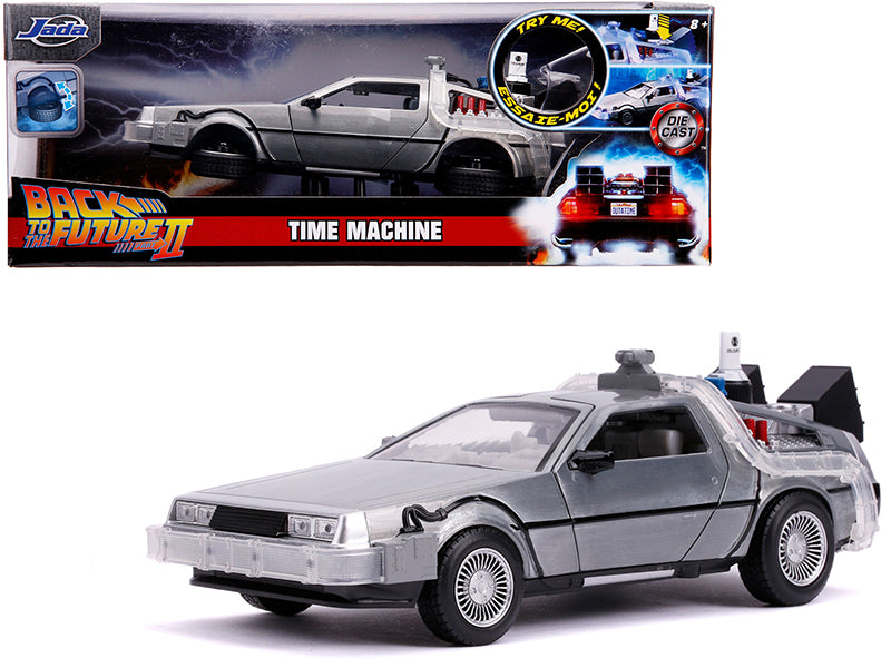 DeLorean Brushed Metal Time Machine with Lights (Flying Version) "Back to the Future Part II" (1989) Movie "Hollywood Rides"