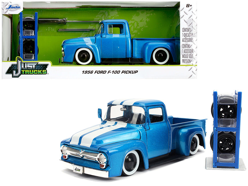 1956 Ford F-100 Pickup Truck Blue Metallic with White Stripes and Extra Wheels "Just Trucks" Series 1/24 Diecast Model Car