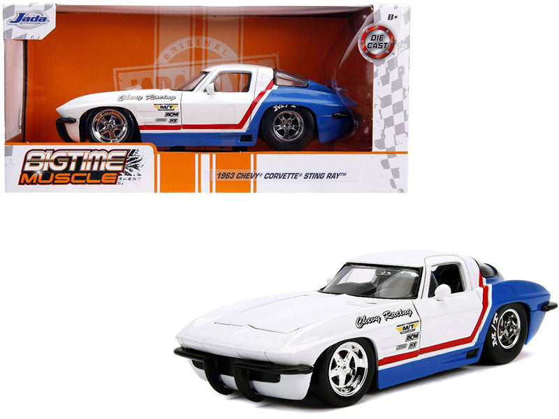 1963 Chevrolet Corvette Stingray White and Blue with Red Stripe "Chevy Racing" "Bigtime Muscle" 1/24 Diecast Model Car by