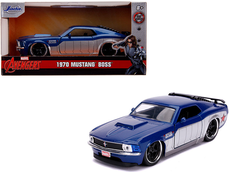 1970 Ford Mustang Boss Blue Metallic and Silver "Winter Soldier" "Avengers" "Marvel" Series 1/32 Diecast Model Car by Jada —