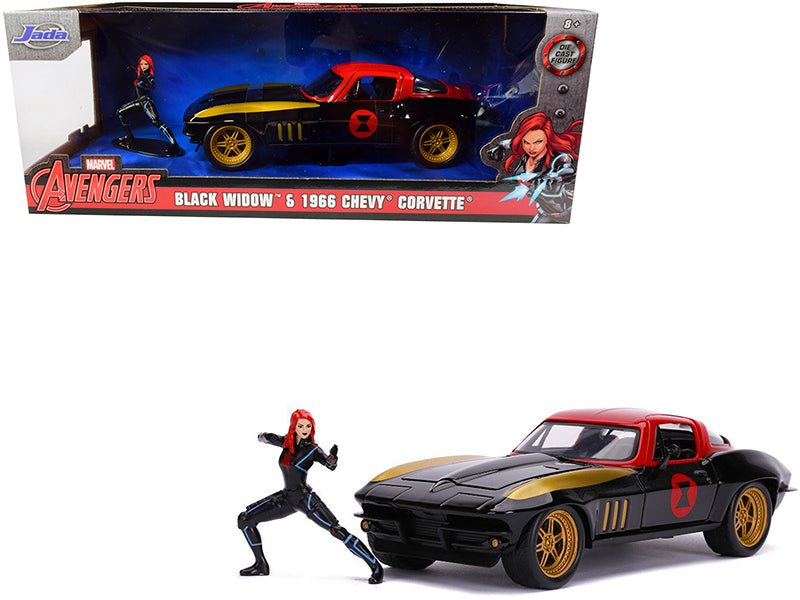 1966 Chevrolet Corvette with Black Widow Diecast Figurine "Avengers" "Marvel" Series 1/24 Diecast Model Car by Jada —