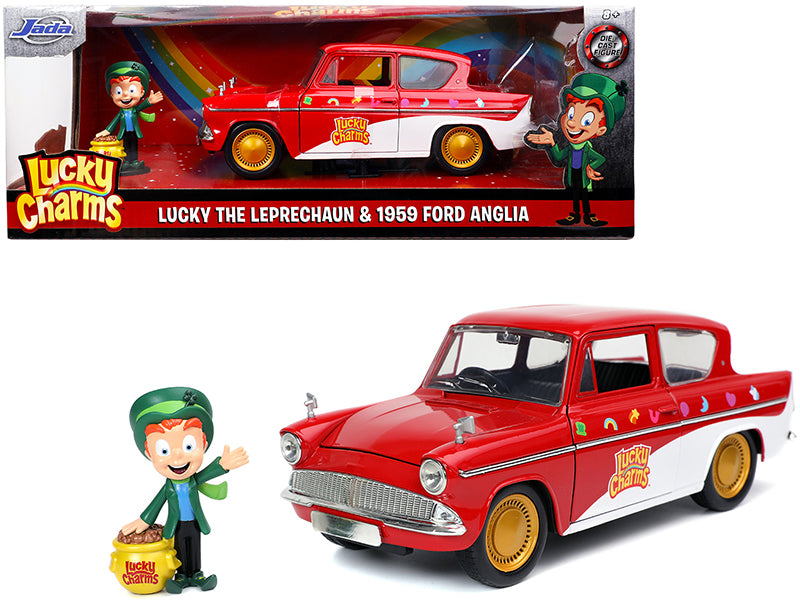 1959 Ford Anglia Red and White with Lucky the Leprechaun Diecast Figurine "Lucky Charms" 1/24 Diecast Model Car by Jada —