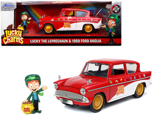 1959 Ford Anglia Red and White with Lucky the Leprechaun Diecast Figurine "Lucky Charms" 1/24 Diecast Model Car by Jada —