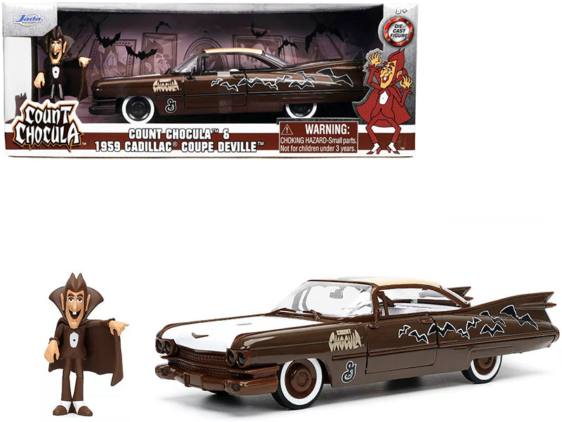 1959 Cadillac Coupe DeVille Brown and White with Graphics and Count Chocula Diecast Figurine "Hollywood Rides" Series 1/24