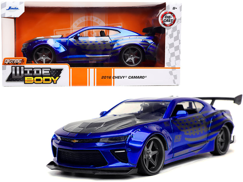 2016 Chevrolet Camaro Widebody Candy Blue with Gray Metallic Hood and American Flag Graphics "Bigtime Muscle" Series 1/24