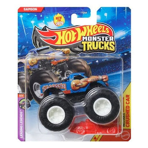 Hot Wheels Monster Trucks 1:64 Scale Vehicle 2026 - Select Vehicle(s) (5393) featuring a blue Samson truck with oversized tires, packaged for collectors and enthusiasts.