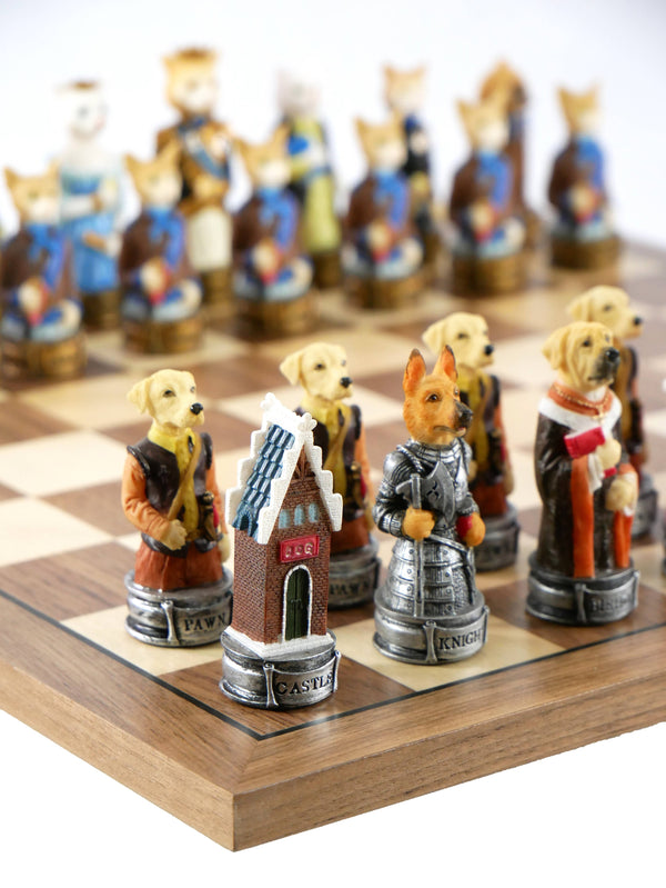Little Shop of Magic Chess Set - Cats & Dogs Resin Men on Walnut Maple Board — Board Game