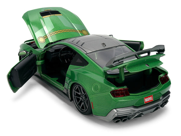 2024 Ford Mustang Dark Horse Green Metallic with Gray Top and Graphic with Doctor Doom Diecast Figure "Marvel's Doctor Doom" Character "Hollywood Rides" Series 1/24 Diecast Model Car by Jada