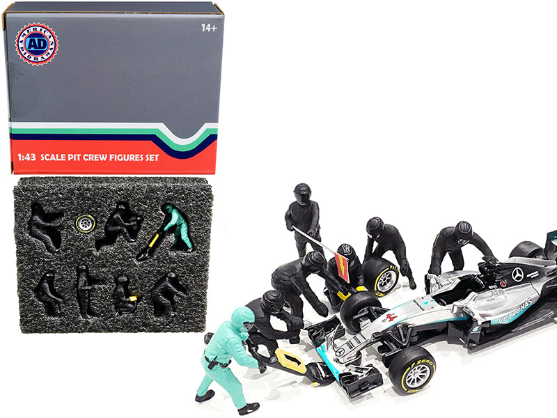 Formula One F1 Pit Crew 7 Figurine Set Team Black for 1/43 Scale Models by American Diorama — Scale Model Accessories