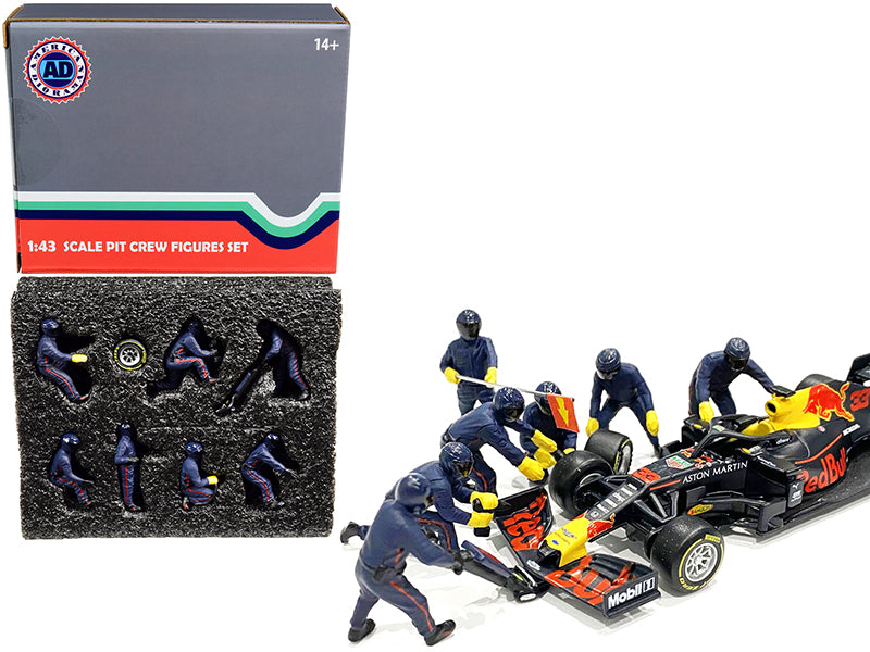 Formula One F1 Pit Crew 7 Figurine Set Team Blue for 1/43 Scale Models by American Diorama — Scale Model Accessories