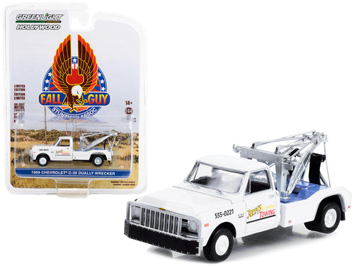 1969 Chevrolet C-30 Dually Wrecker Tow Truck White "Jerry���s Towing" "Fall Guy Stuntman Association" Hollywood Special Edition 1/64 Diecast Model Car by Greenlight