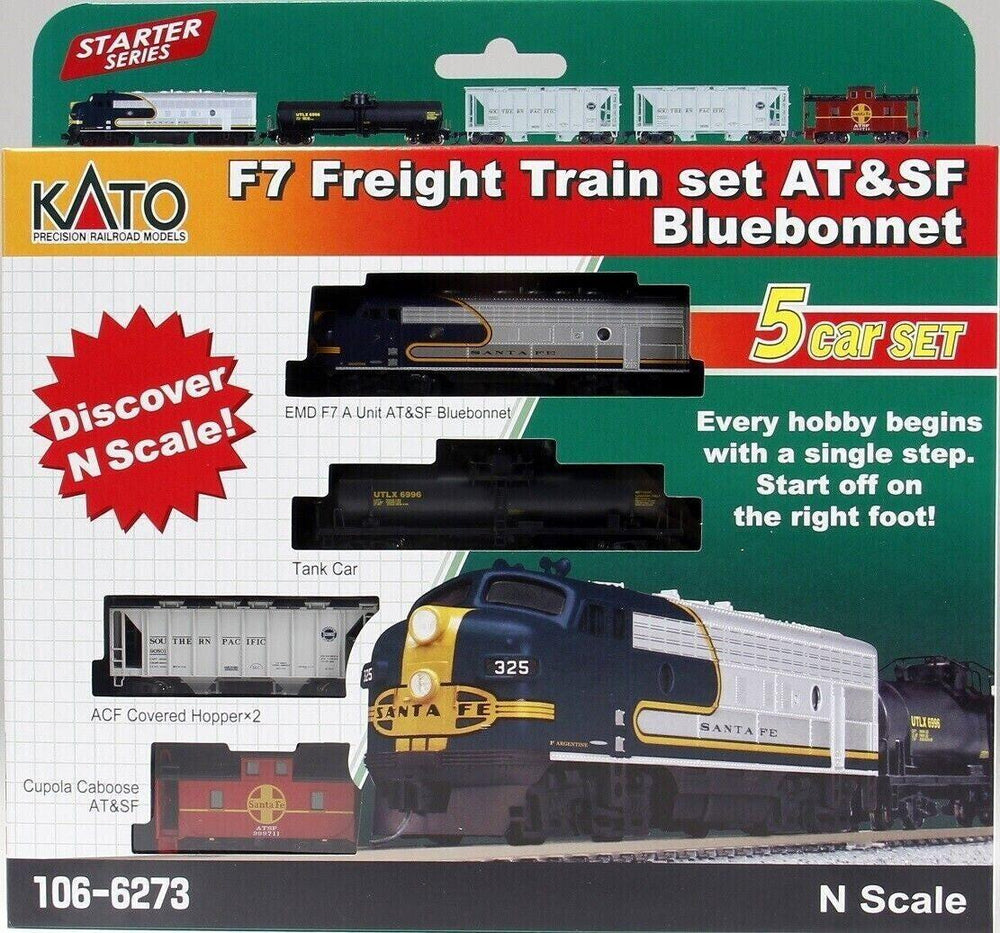PowerHobby Kato N Scale F7 ATSF F7A Freight Train Hopper Tank Car Caboose Set 106-6273 — N Sets