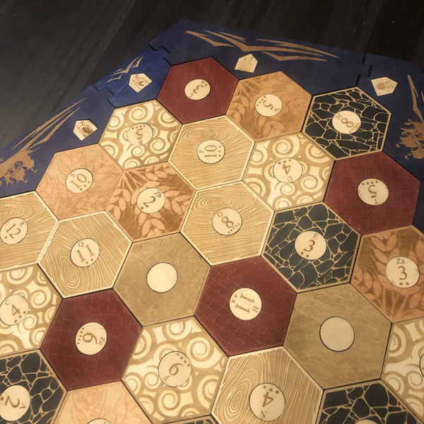 5-6 Player Blue Stained Catan Compatible  Board Set with Laser Etched Terrain, Border and Number Pieces