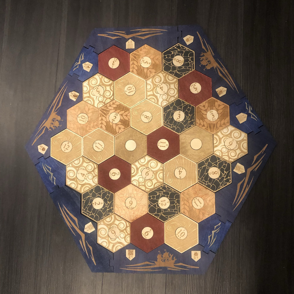 5-6 Player Blue Stained Catan Compatible  Board Set with Laser Etched Terrain, Border and Number Pieces