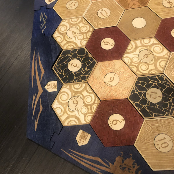 5-6 Player Blue Stained Catan Compatible  Board Set with Laser Etched Terrain, Border and Number Pieces